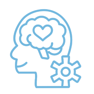 Line drawing of a human head in profile with a brain showing a heart shape inside and a gear symbol below.