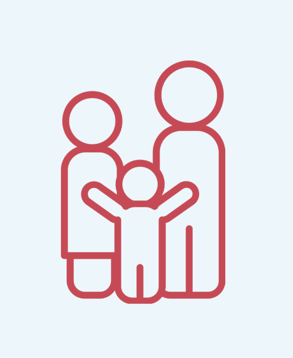 Line drawing of two adults and a child holding hands, with the child in the middle with arms raised.