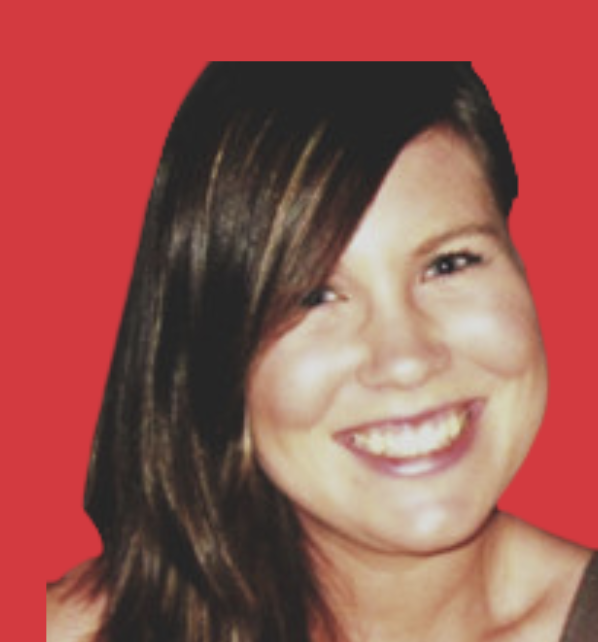 A woman with long brown hair smiling against a red background.