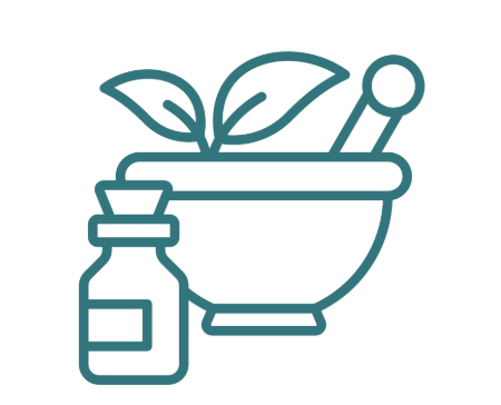 A line drawing of a mortar and pestle with leaves inside, accompanied by a small bottle, representing spices or herbs.