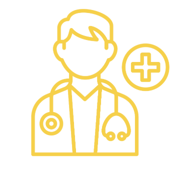 Line drawing of a doctor with a stethoscope and medical cross icon.
