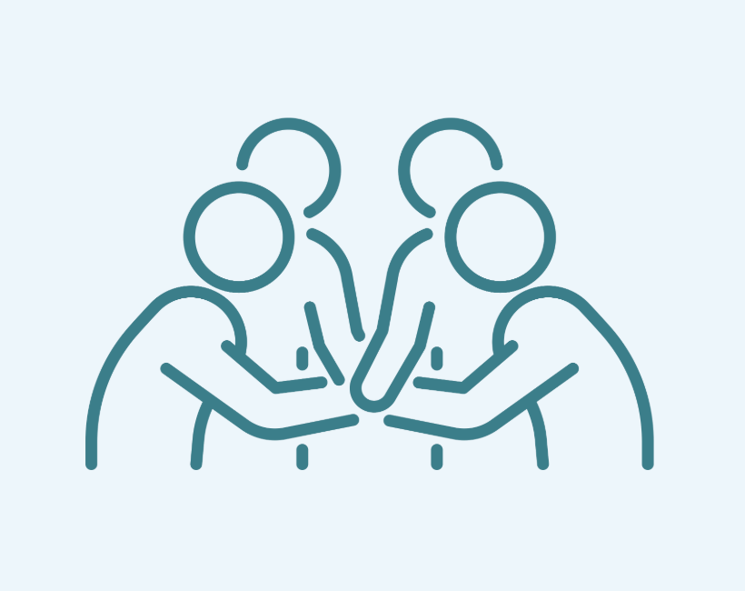 Line drawing of two pairs of hands clasped together in a gesture of unity or teamwork.