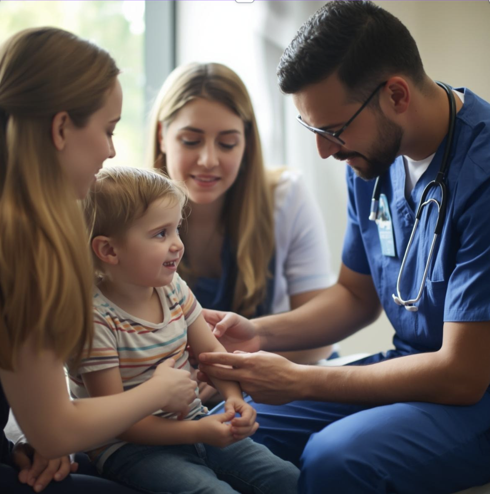 Doctor examining a young girl with her mother and another woman in the background.