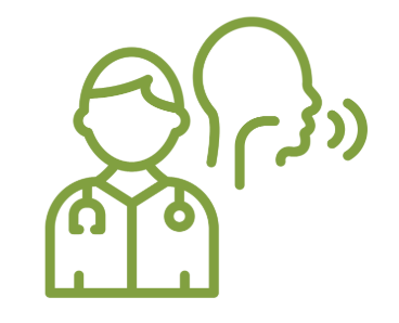 Line drawing of a medical professional with a stethoscope and a person speaking.