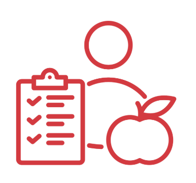 A red outline icon of a person next to a clipboard with checkmarks and an apple with a leaf.