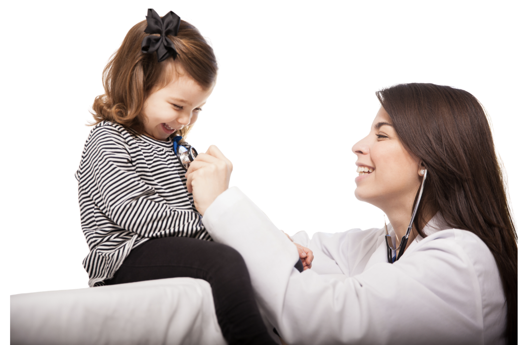 A female doctor with long brown hair and a stethoscope examining a young girl with a striped shirt, who is smiling and holding a toy stethoscope to her chest.