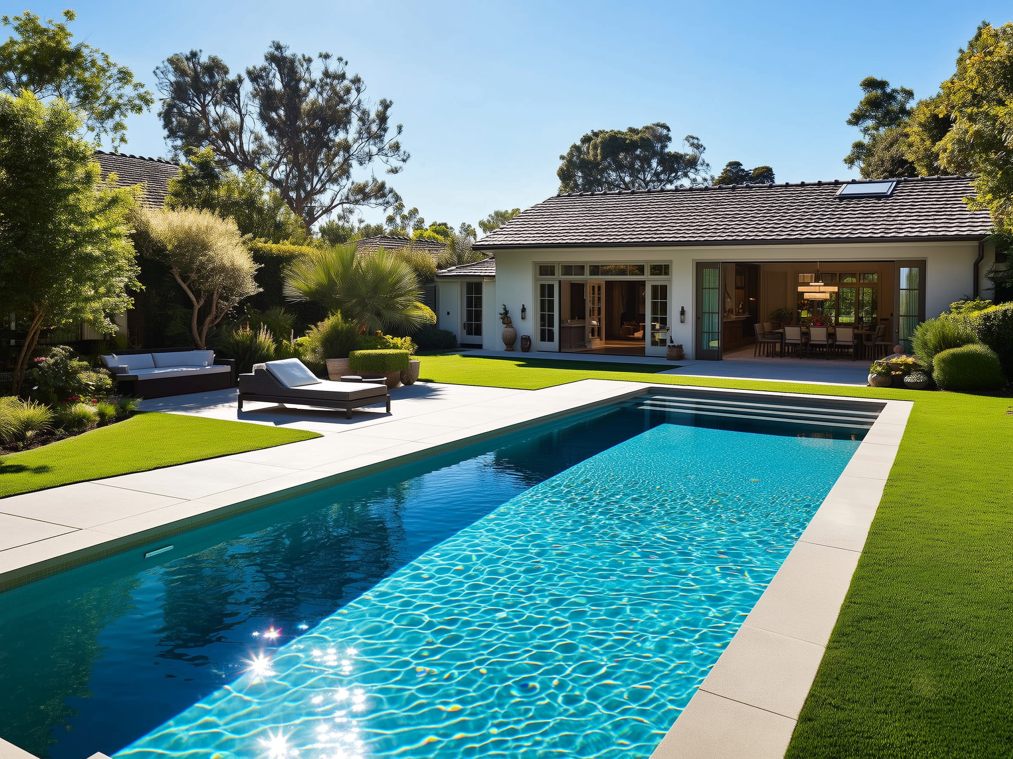 A backyard with a rectangular swimming pool surrounded by green grass and paving stones, with outdoor furniture including lounge chairs and a sofa, trees, shrubs, and a house with large windows and an open patio.