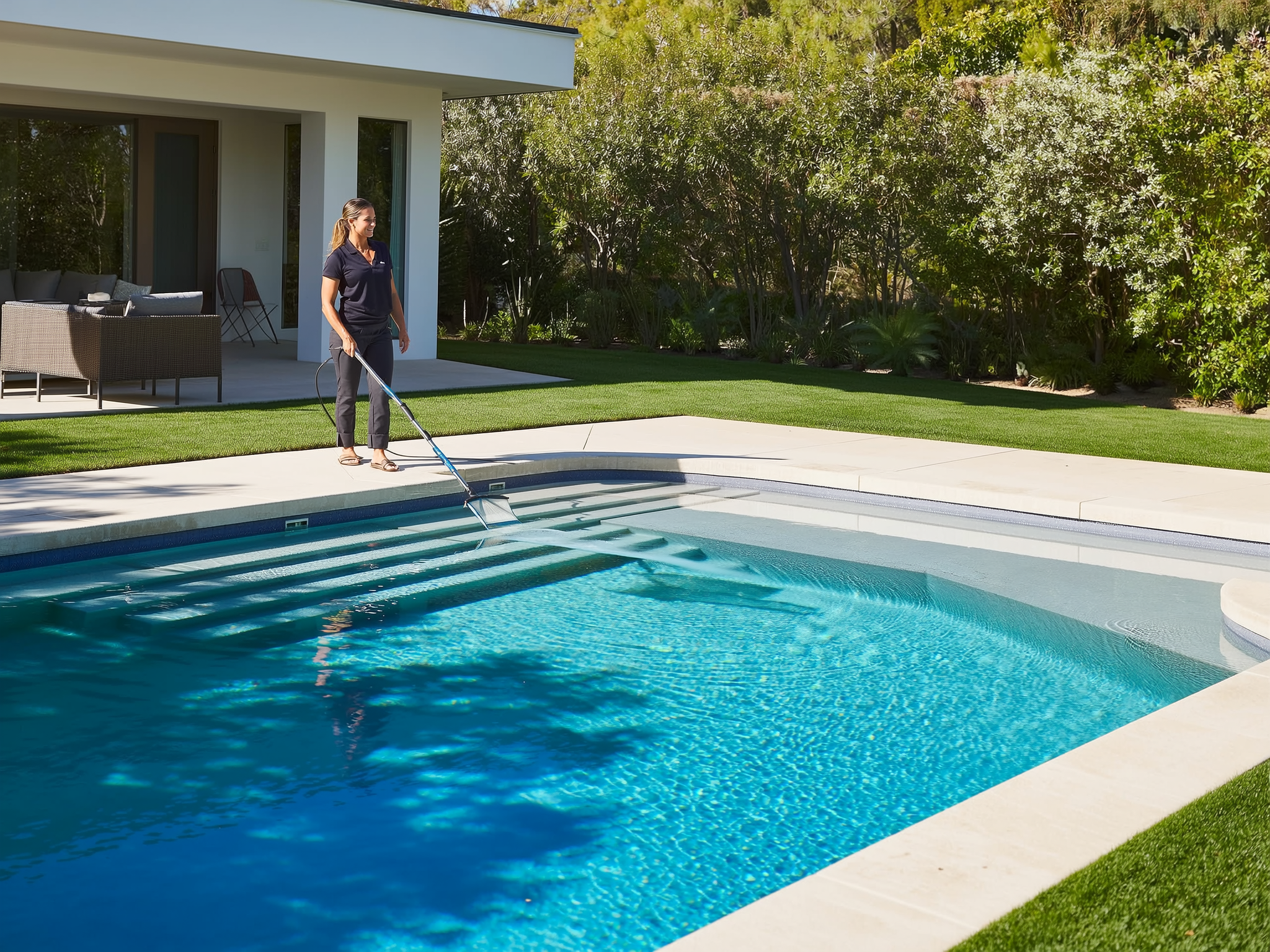 A woman is cleaning a swimming pool with a pool skimmer in a backyard with a modern house, patio furniture, lush green grass, and trees.