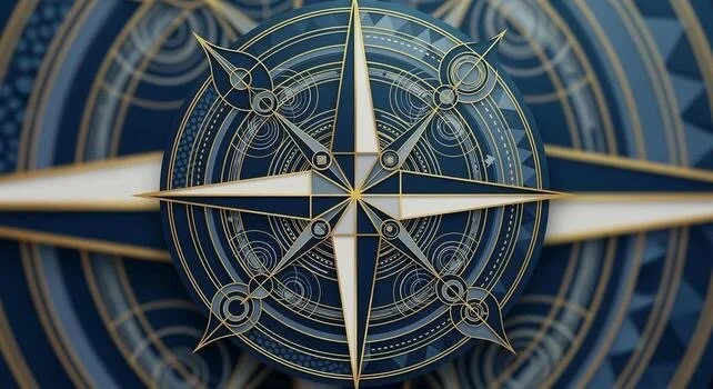 A detailed decorative compass rose with gold and blue accents, showing cardinal directions.