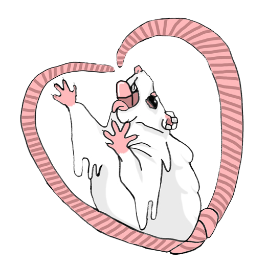 a white melting rat choking on a big pink pill, and it's two pink tails going up over it's head and making a heart shape.