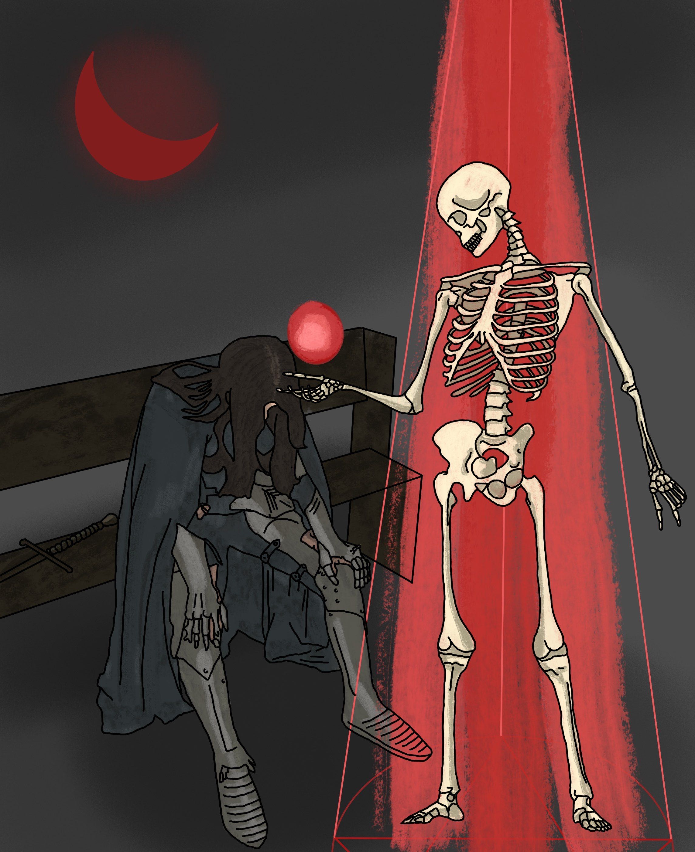 a knight sitting on a bench leaning over with their hands on their knees and head bent down. with a skeleton standing over them with their arm outstretched towards them with a magic ball of red light over the knight's head. a red moon in the bg