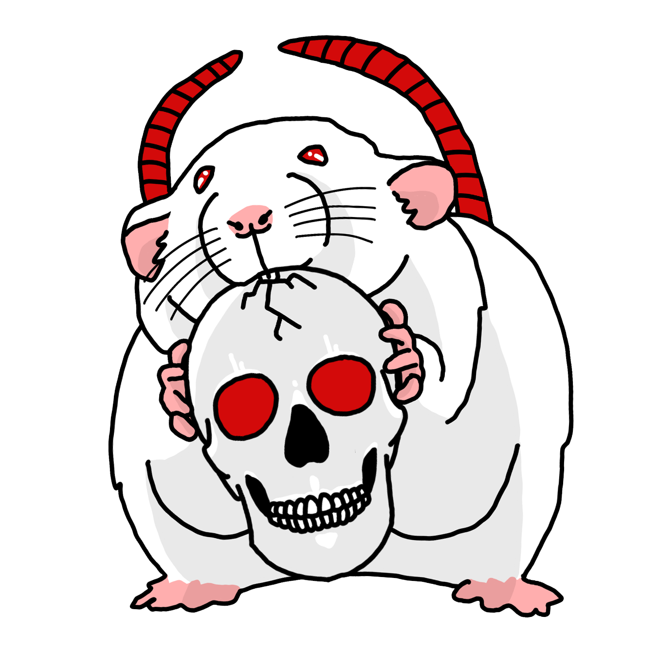 a white rat with red eyes holding a skull with red eyes with his teeth sinking into the top of the skull and cracks coming extending from it. And it's two red tails encircling the rat's head mimicking horns.