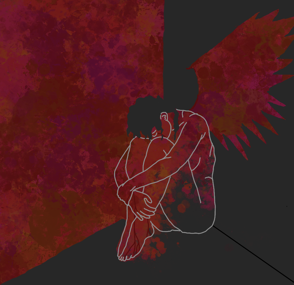 a woman sitting with her knees pulled up and her head resting in them. She's in a corner with her body half covered in red with the left wall all splattered in red, and the right wall has a splattered red wing with a dark gray background.