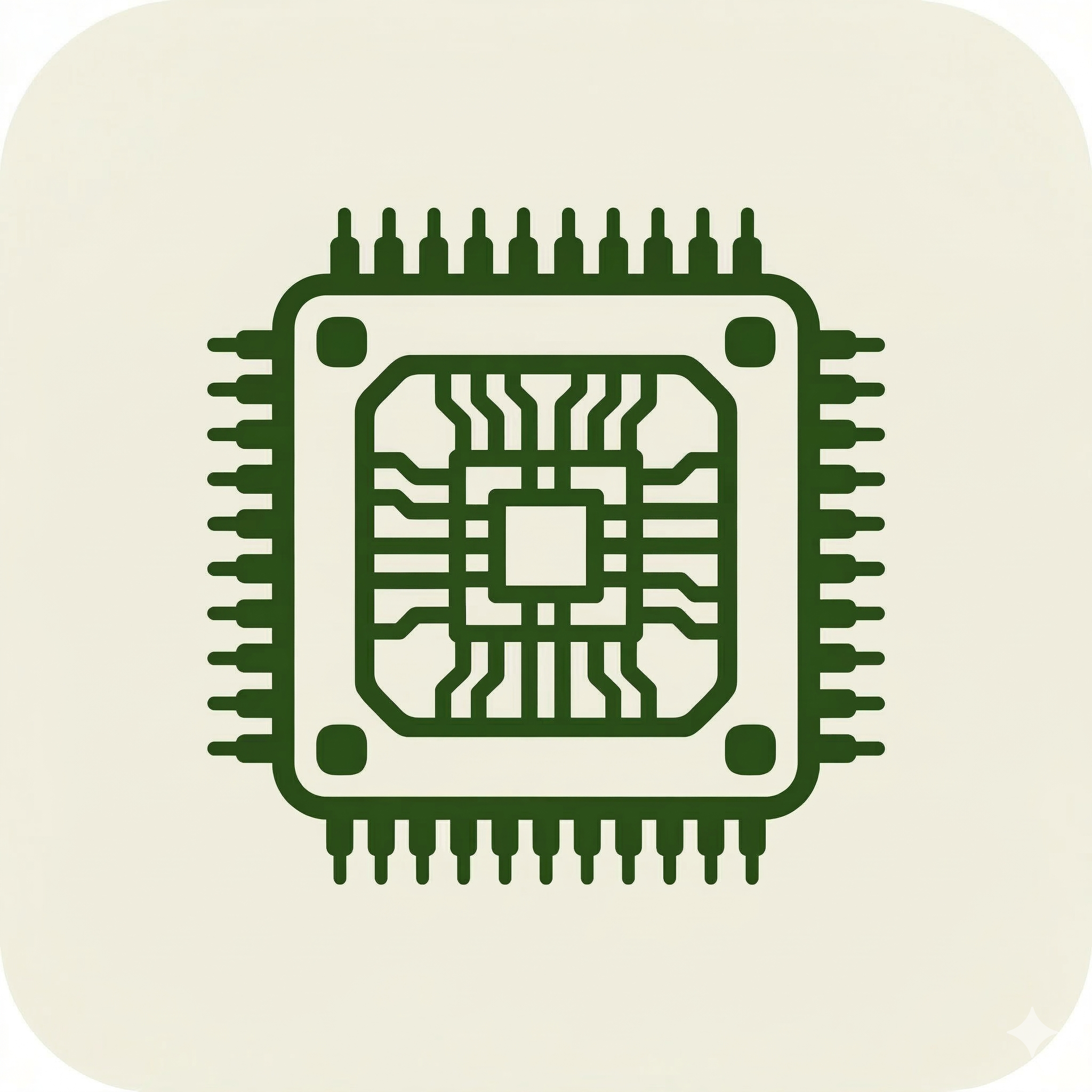 Simplified digital illustration of a computer microchip or processor with a square shape and numerous pin connectors on each side.