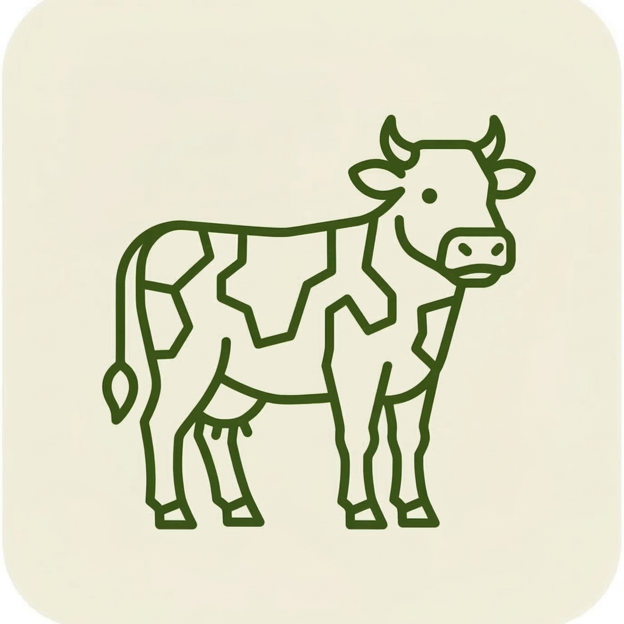 Line drawing of a cow with patchwork markings on a light background.