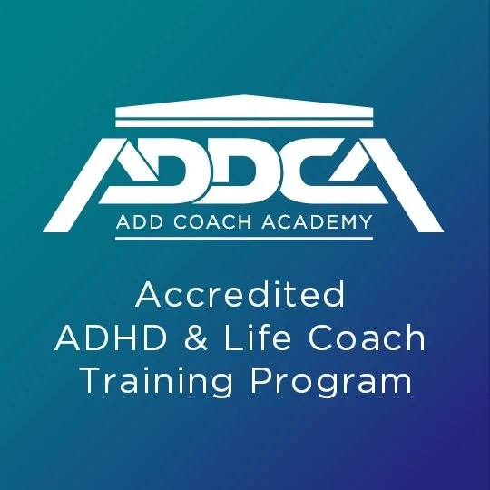 Logo of ADD Coach Academy with text indicating it is an accredited ADHD and life coach training program