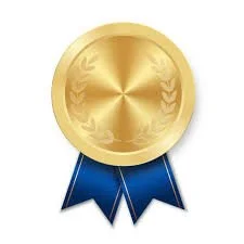 Gold medal with a blue ribbon.