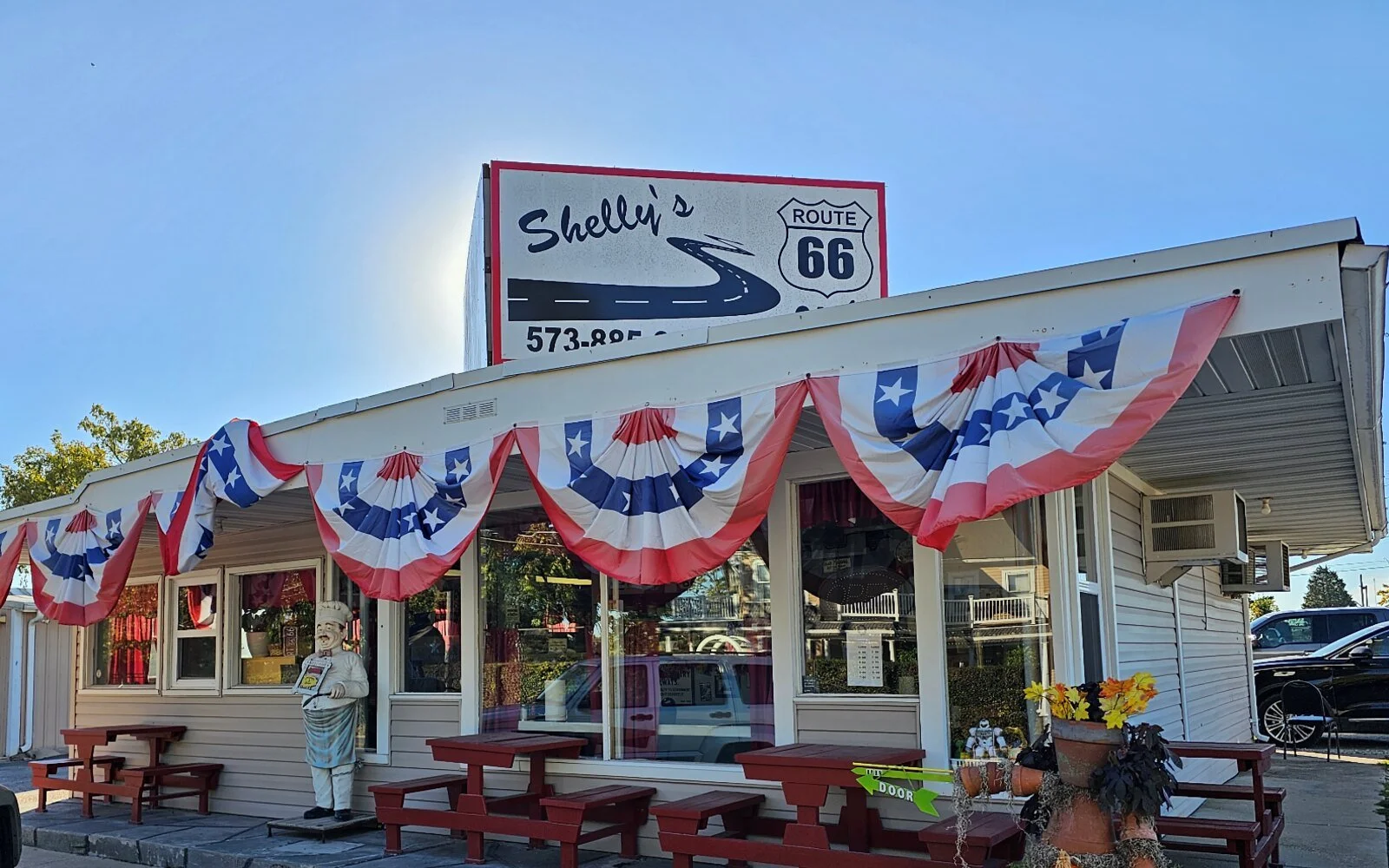 Shelly’s Route 66 Cafe with patriotic bunting on Historic Route 66 in Cuba, Missouri.