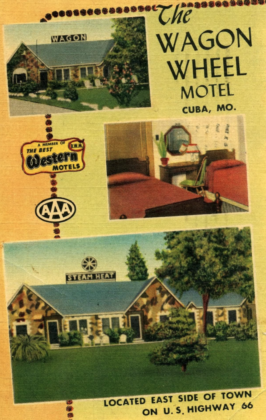 Vintage Wagon Wheel Motel postcard showing the office, guest room, and stone cabins in Cuba, Missouri.