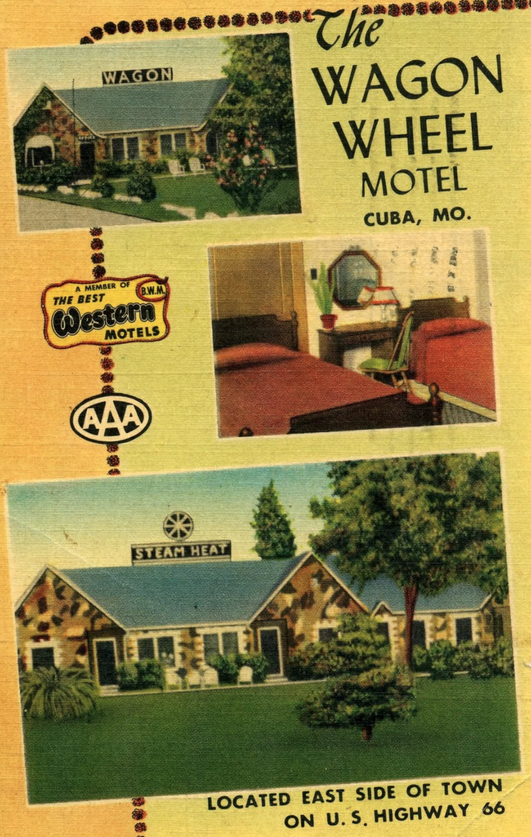 Vintage Wagon Wheel Motel postcard showing the office, guest room and stone cabins in Cuba, Missouri