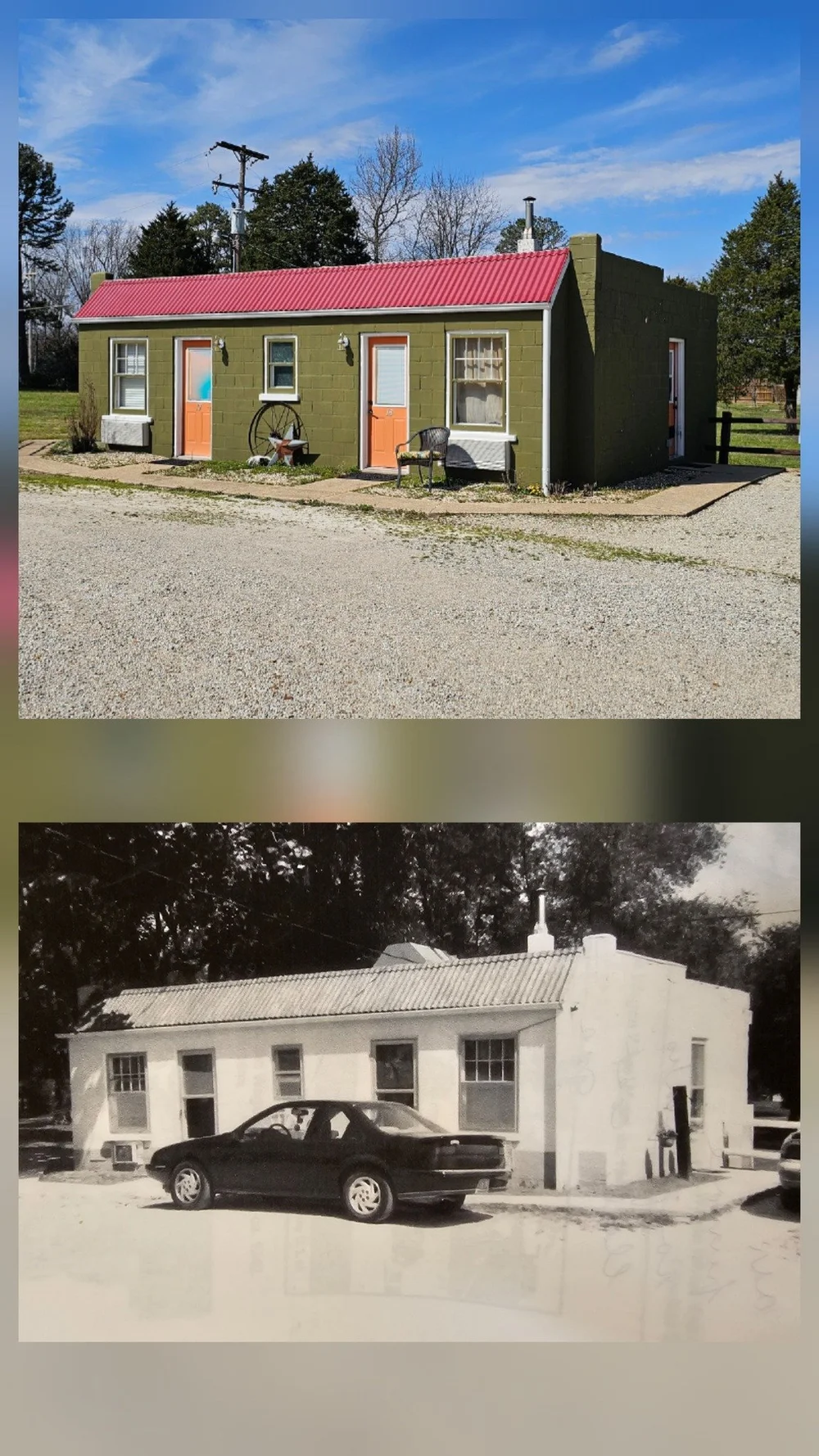 Then-and-now comparison of a Wagon Wheel Motel stone guest building in Cuba, Missouri