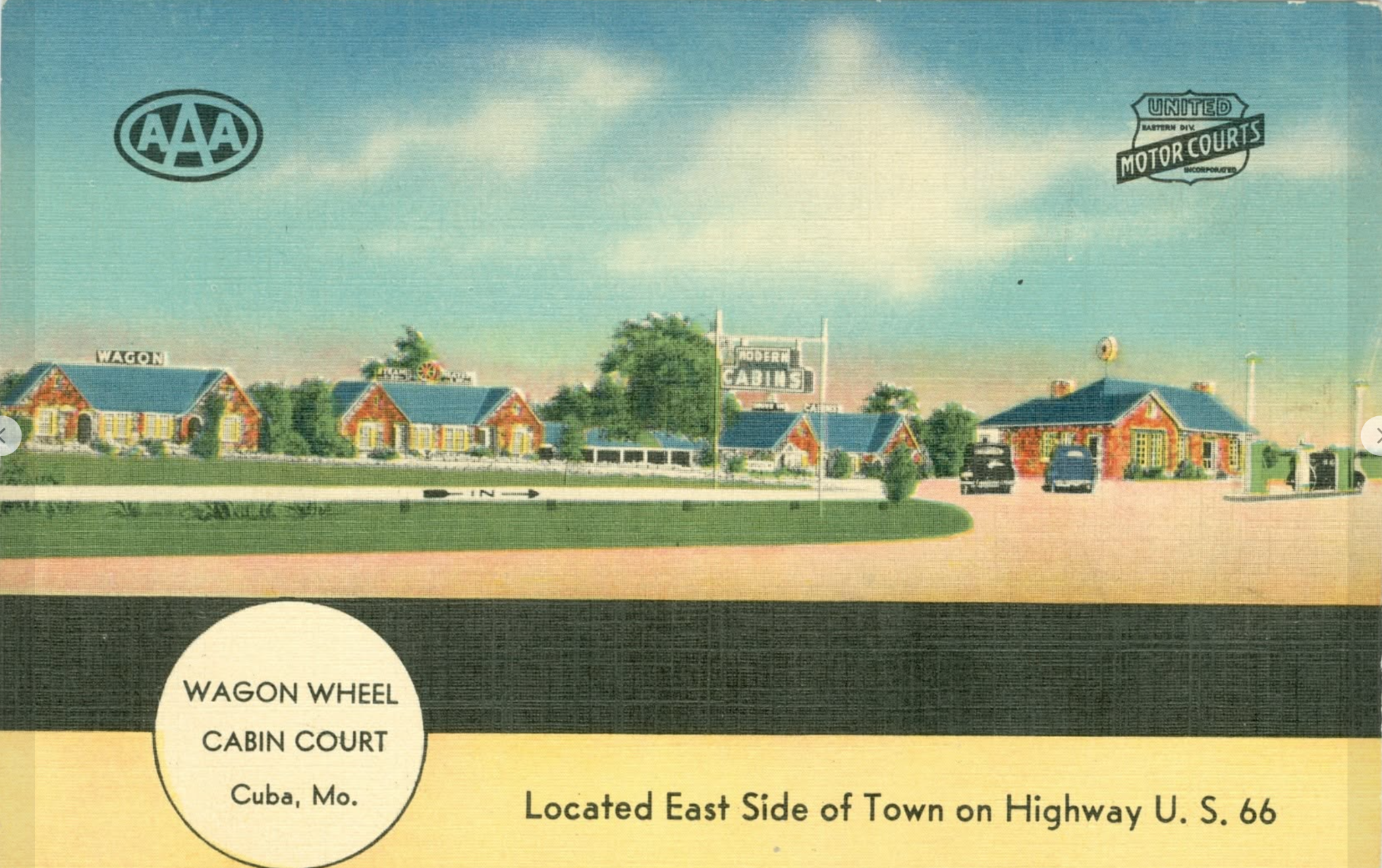 Vintage postcard of the Wagon Wheel Cabin Court on U.S. Route 66 in Cuba, Missouri.