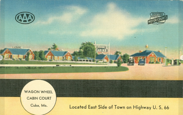 Vintage postcard showing the Wagon Wheel Cabin Court on U.S. Route 66 in Cuba, Missouri