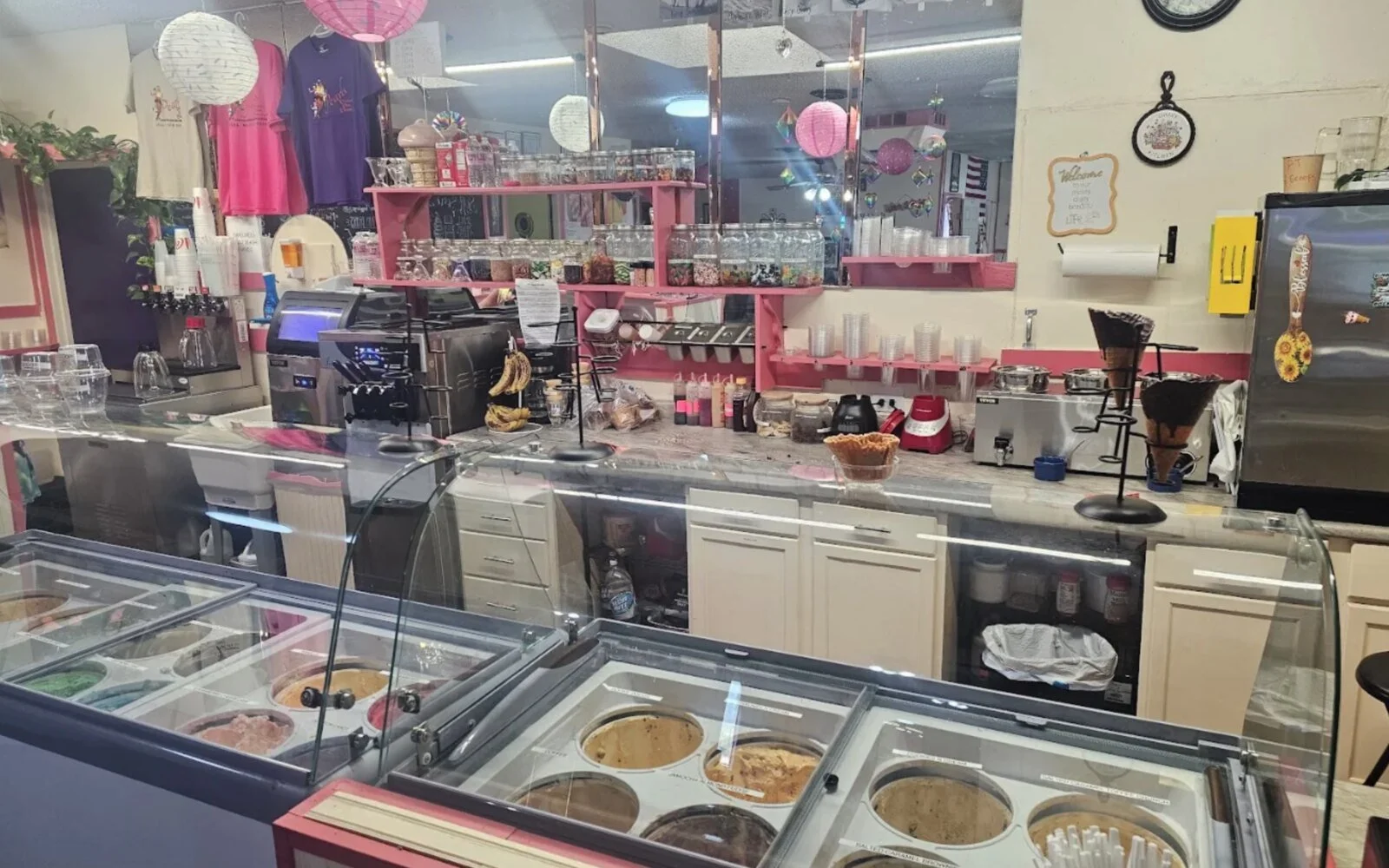 Ice cream counter and colorful interior at Pearl’s Crooked Cone Creamery in Cuba, Missouri.