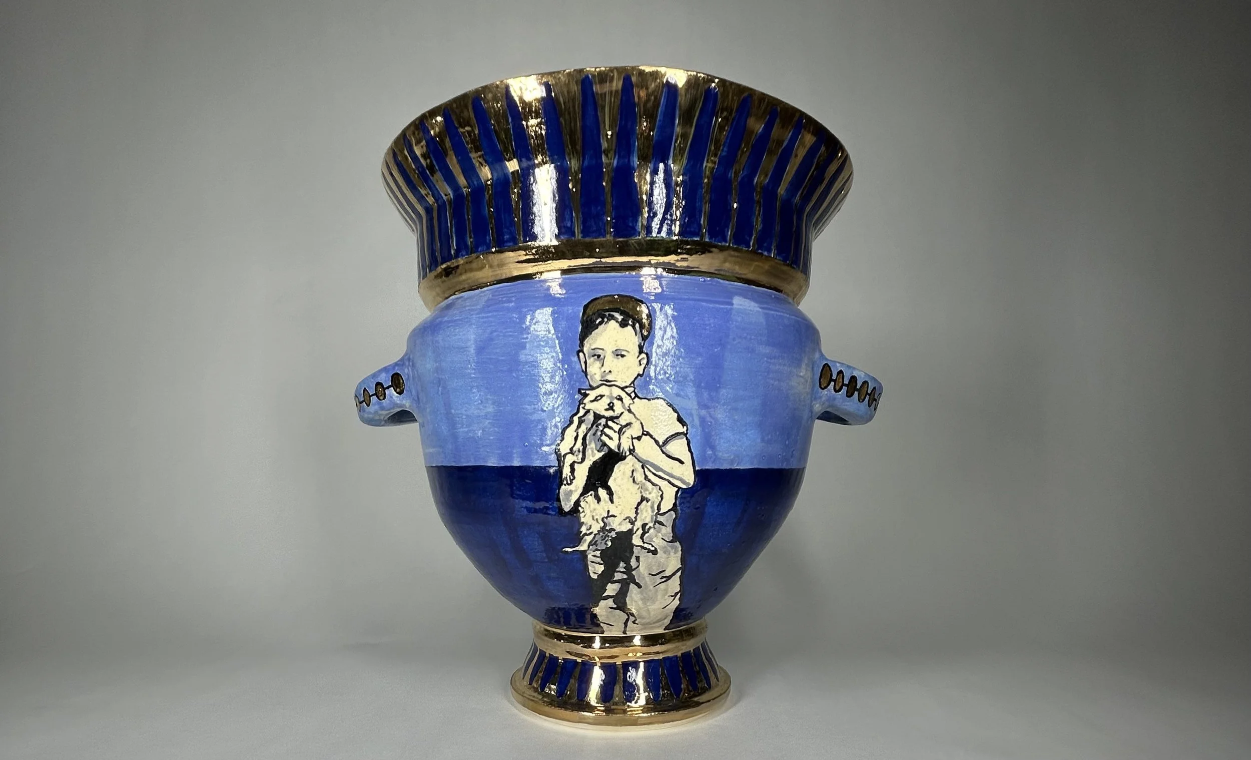 We Had to Let Him Go After He Got Into the Chicken Coop (Petey's Pot), 23k Gold and Glazed Stoneware, 11"H x 10.5"W x 9.75"D, 2025