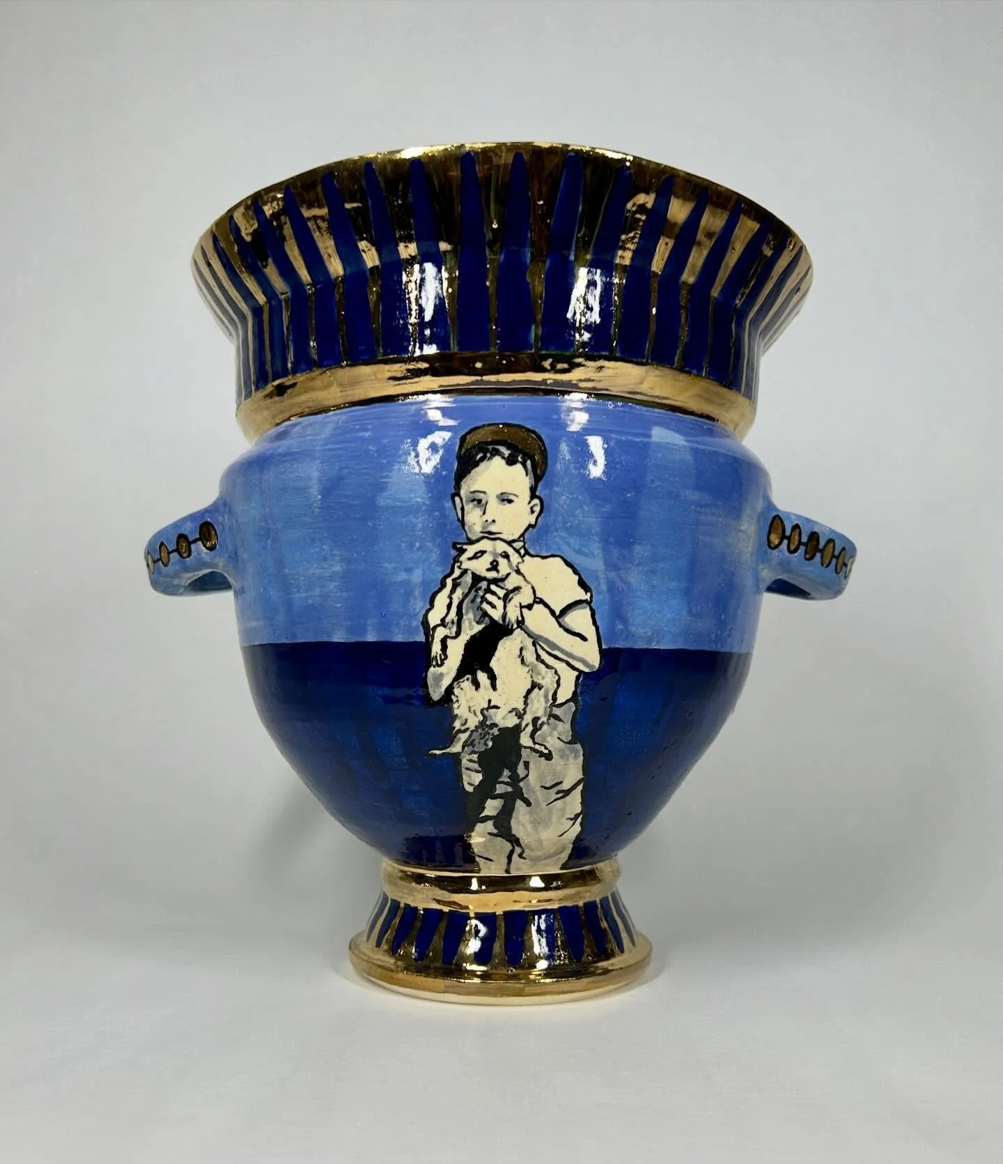 &ldquo;We Had to Let Him Go After He Got Into the Chicken Coop (Petey&rsquo;s Pot)&rdquo;
11&rdquo; x 10.5&rdquo; x 9.75&rdquo;
23k Gold and Glazed Stoneware
2025
.
.
.
My father was a devoted caretaker of animals, and his most memorable companion wa