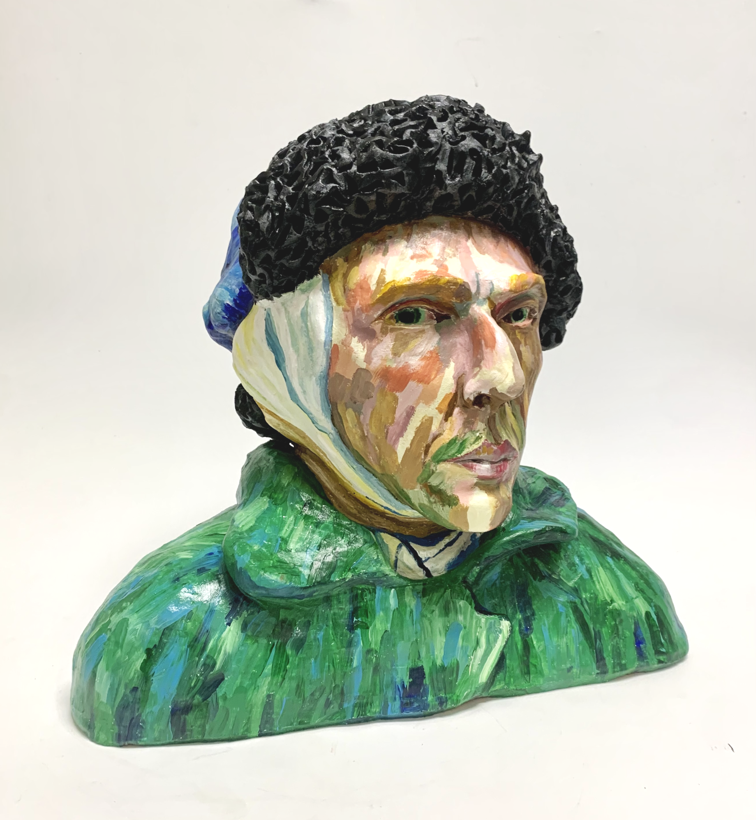 Recreation of "Self-Portrait with Bandaged Ear, by Vincent Van Gogh, Painted Earthenware, 13.5"H x 14"W x 9.5"D, 2021