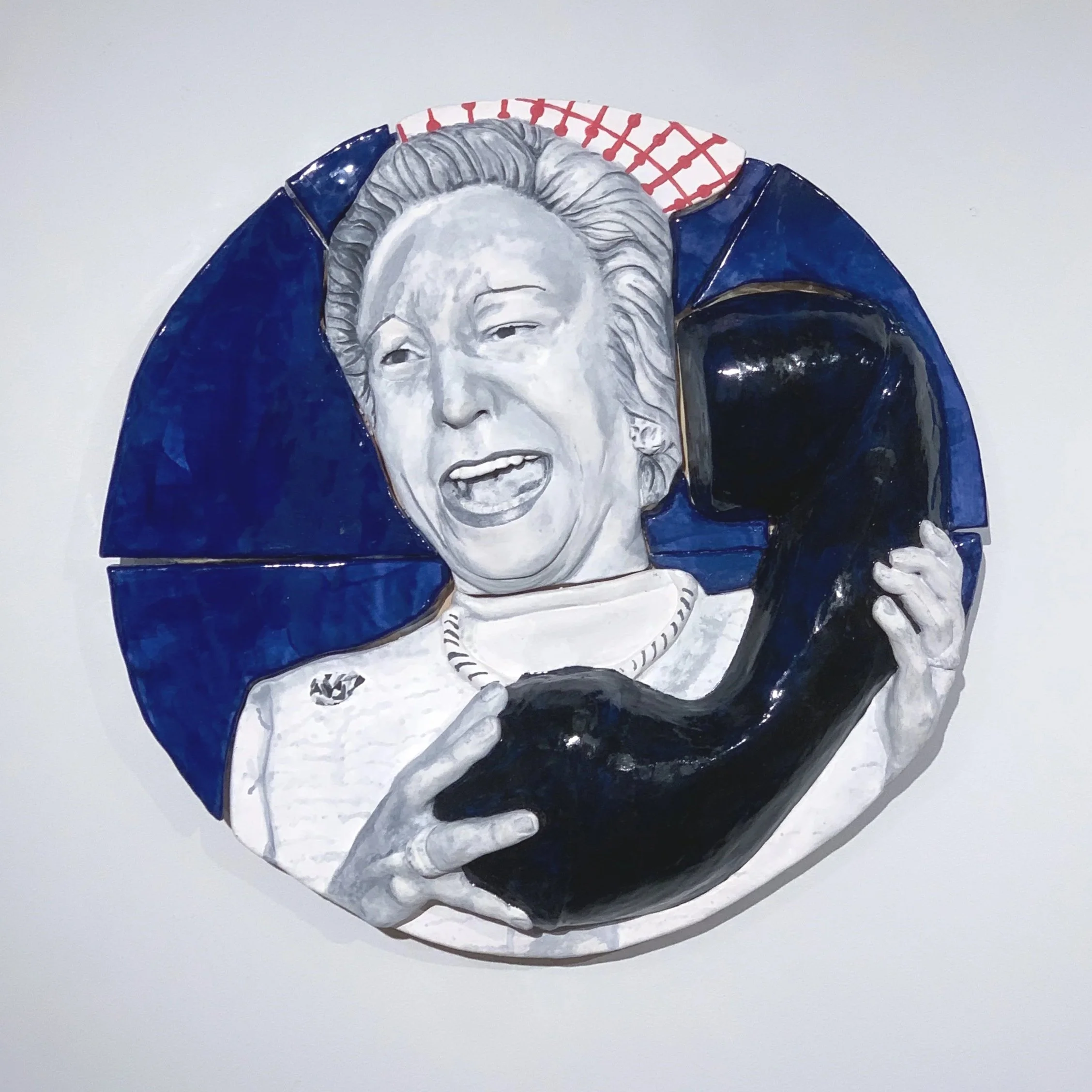 Martha Mitchell, Glazed and Painted Earthenware, 17"H x 17"W x 3.5"D, 2024