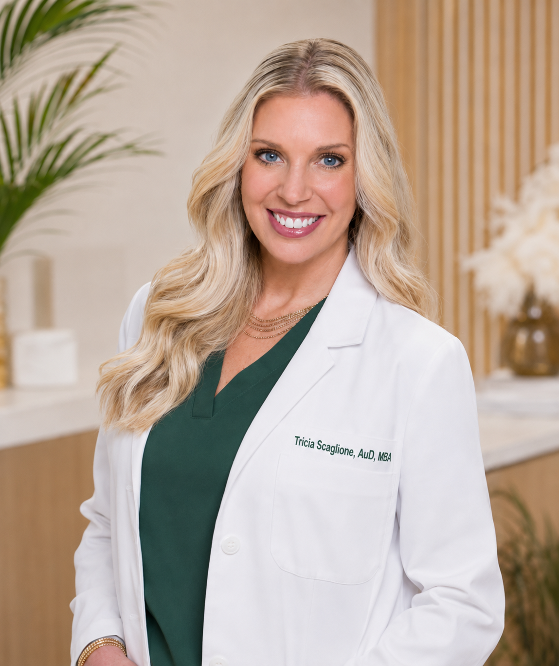 Headshot of Dr Tricia Scaglione in green scrubs and labcoat
