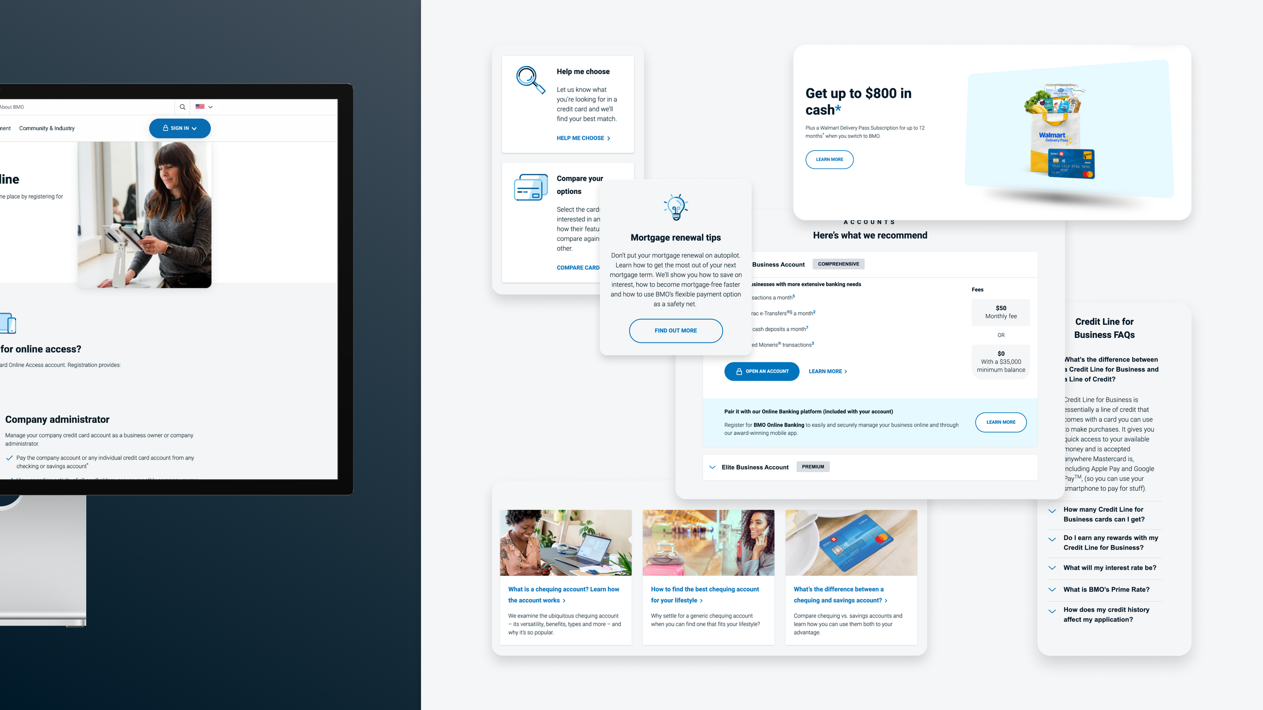 BMO.com shown on a monitor on the left side of the image, and various modules seen on BMO.com on the right side of the image