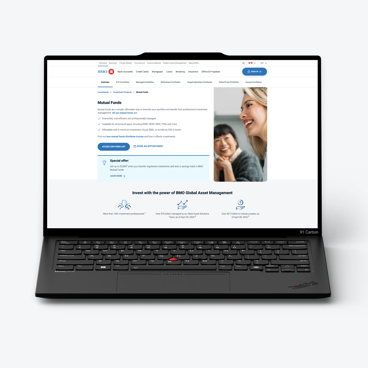 BMO investment, mutual funds webpage shown on a laptop