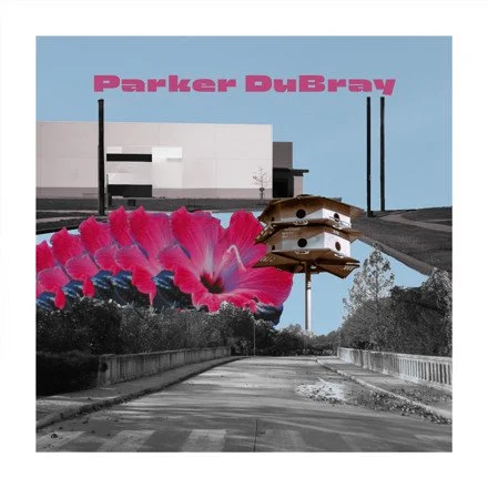 A collage featuring the text 'Parker DuBray' in pink, an abstract building, a large pink flower, and three floating brown shoes, with a road and trees in the background.