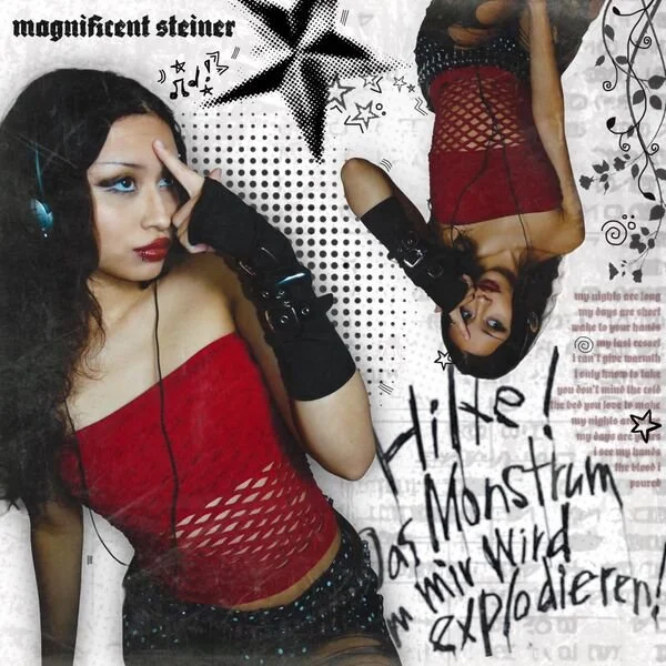 Two young women with dark hair in red outfits and black accessories, posing against a decorated background with text and doodles, one lying down and the other sitting, with music and star illustrations.