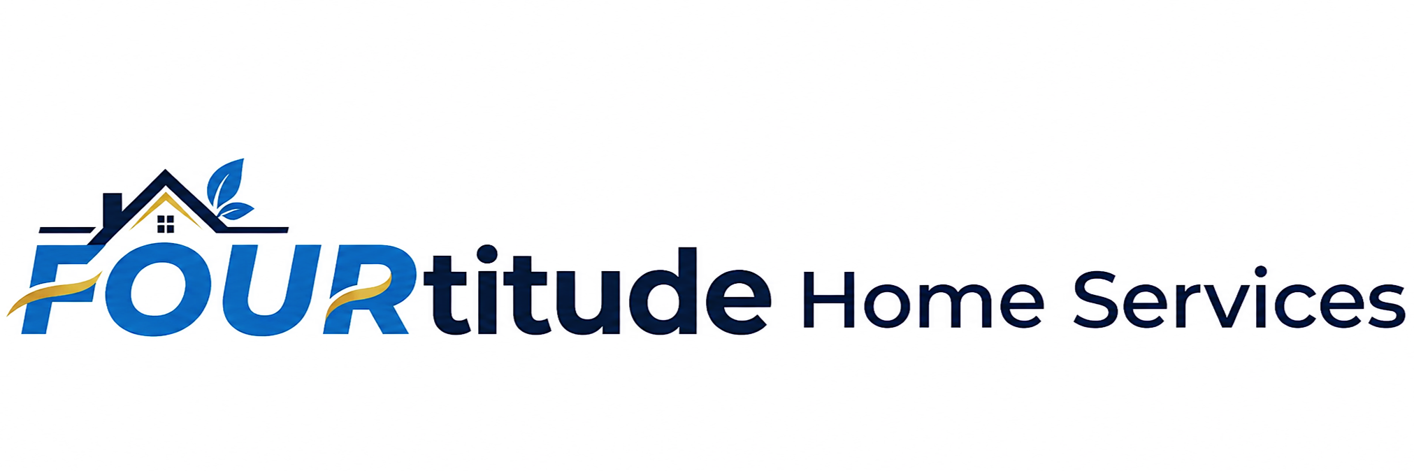Logo for Fourtitude Home Services featuring a house with a blue roof, a small window, and a green leaf, with the company name in blue and black text.