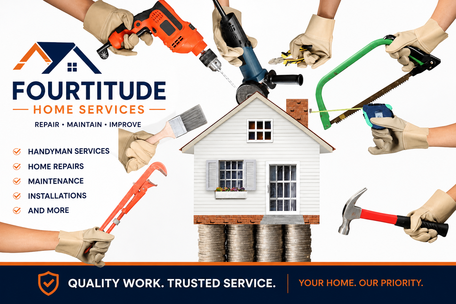 A house on stacks of coins surrounded by hands wearing gloves holding various tools including a drill, saw, hammer, and paintbrush, representing home repair services from Fourtitude Home Services.