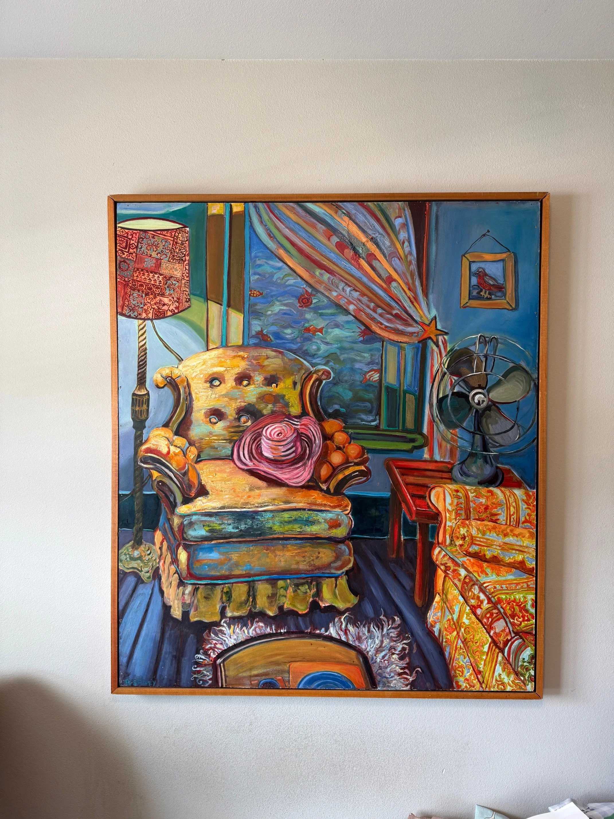 Colorful painting of a cozy interior scene with a yellow armchair, a pink hat, oranges, a fan, a side table with a patterned cloth, and a window with a star and abstract curtains.