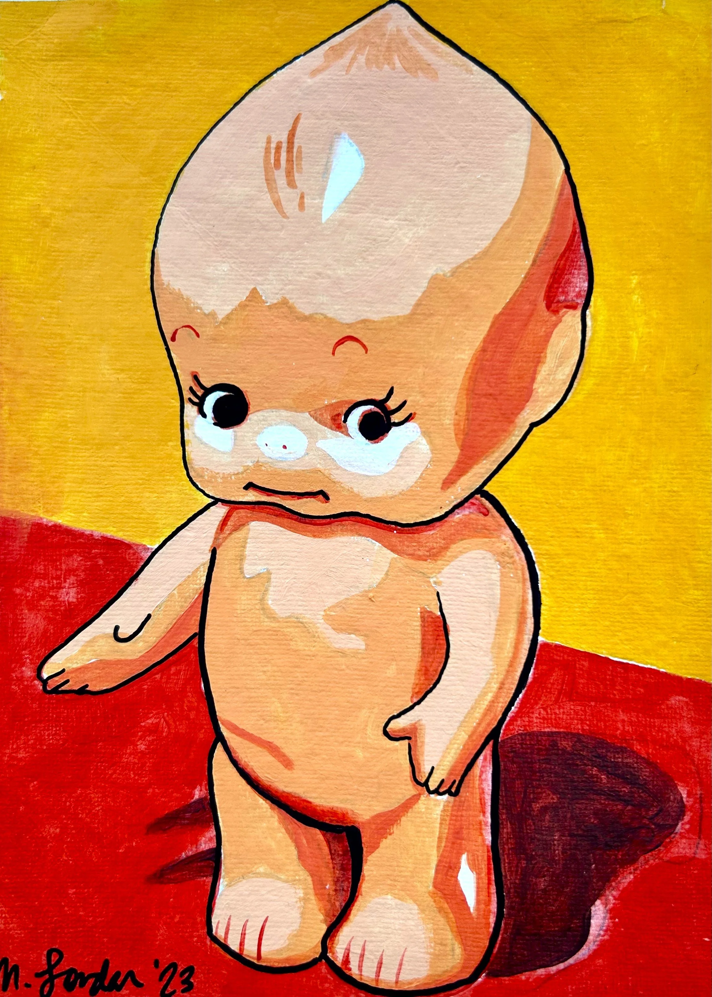 A cartoon drawing of a kewpie style baby with big eyes, standing on a red surface with a orange background, with a knowing expression.