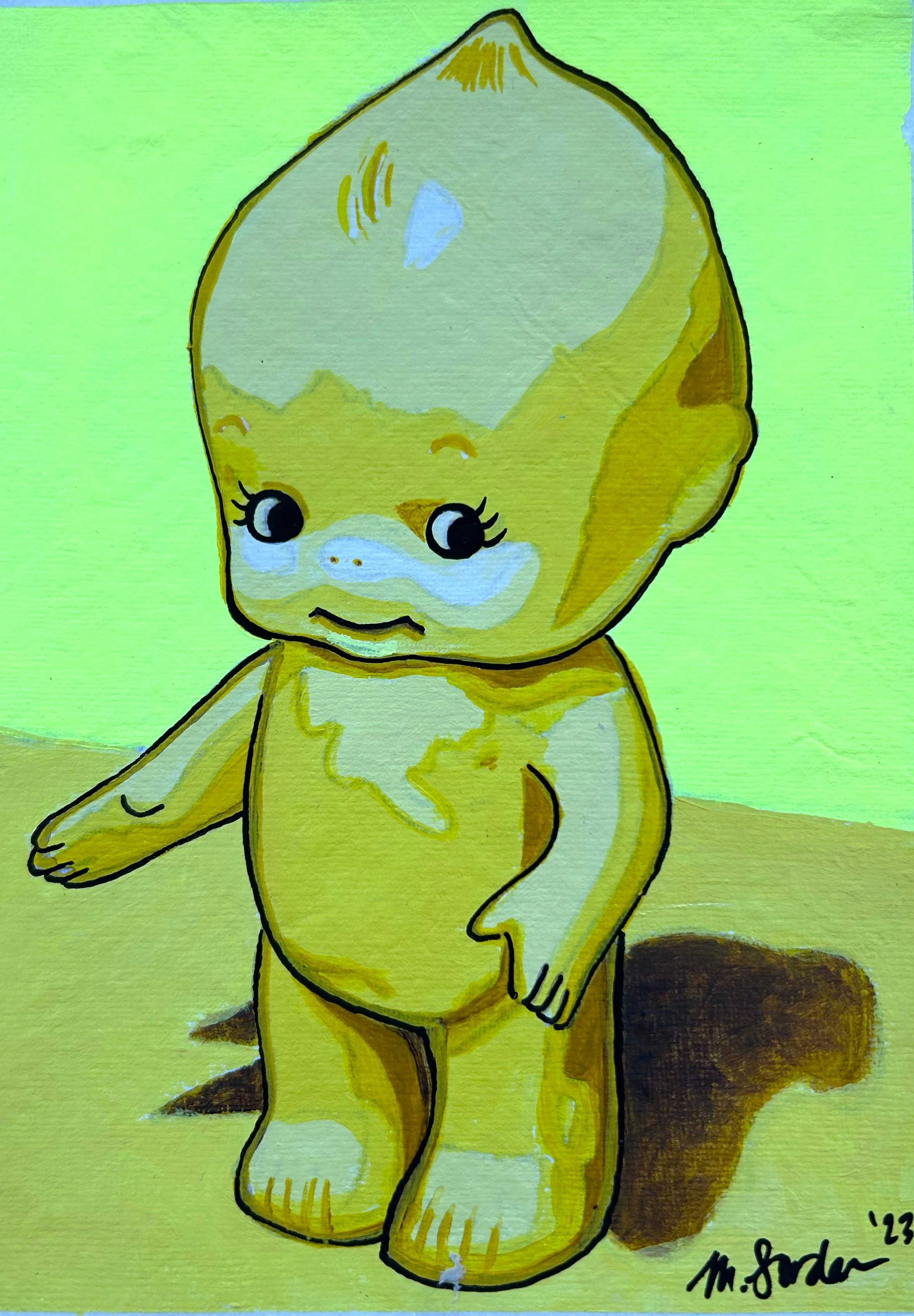 A yellow painting of a kewpie baby.
