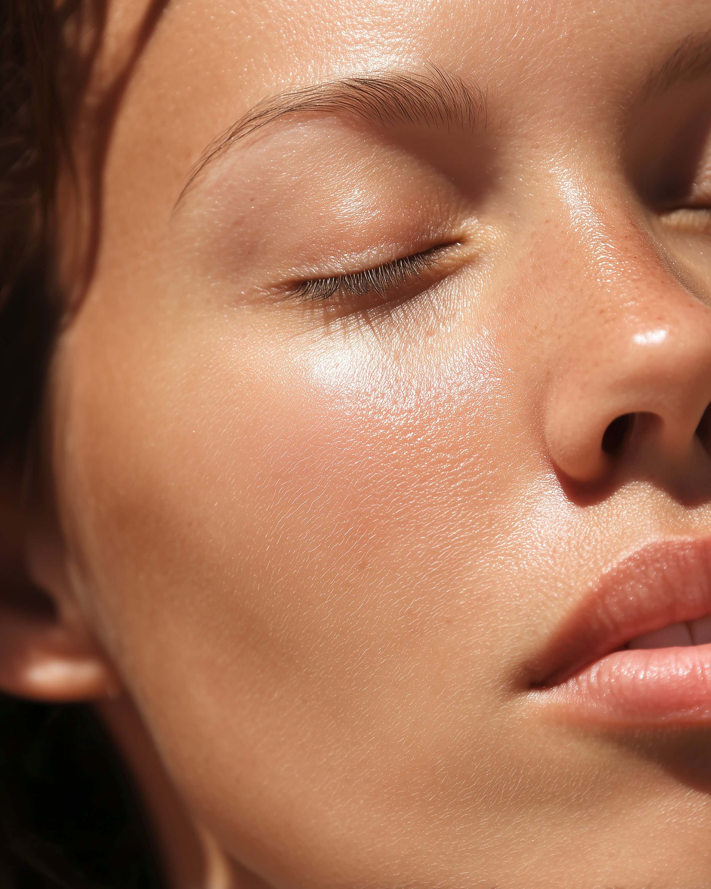 Close-up of a woman's face with closed eyes, showing smooth skin and natural lighting.