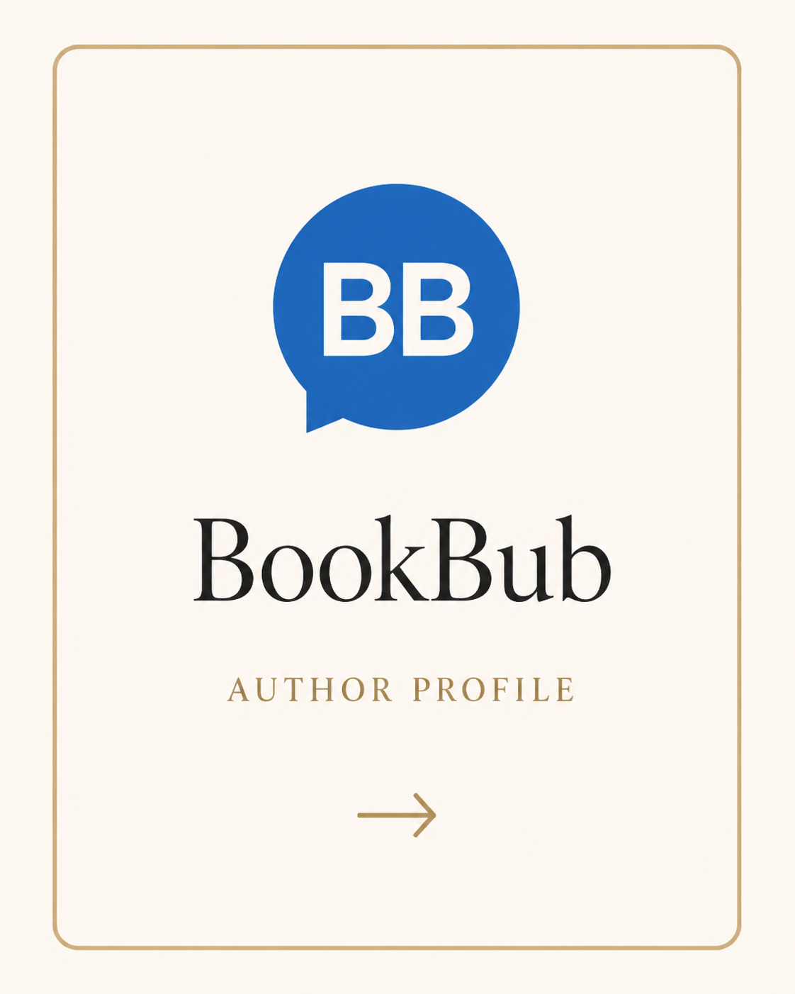 BookBub author profile page with a blue speech bubble icon containing 'BB', the text 'BookBub', and 'Author Profile' underneath, with a right arrow icon below.