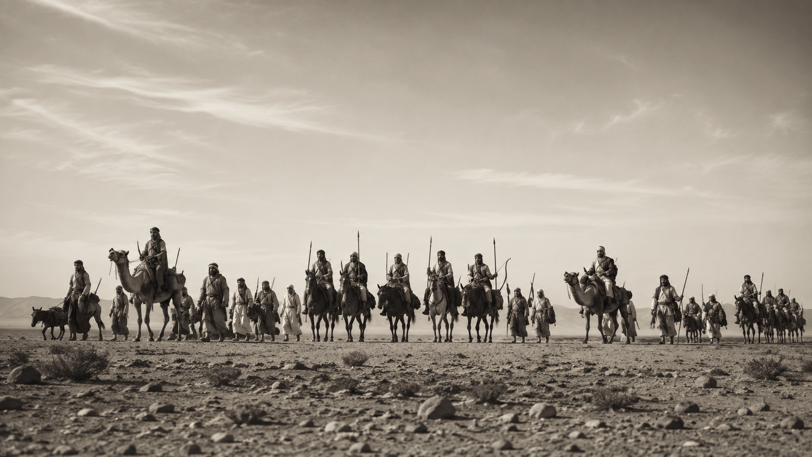 Mounted and walking desert travelers crossing an arid frontier landscape, evoking the mobile wilderness world associated with Ishmael and the southern Levant.