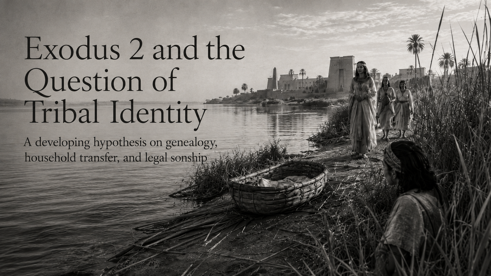Black-and-white riverbank scene illustrating Nile-side household movement, reeds, and the landscape behind the Exodus 2 narrative.