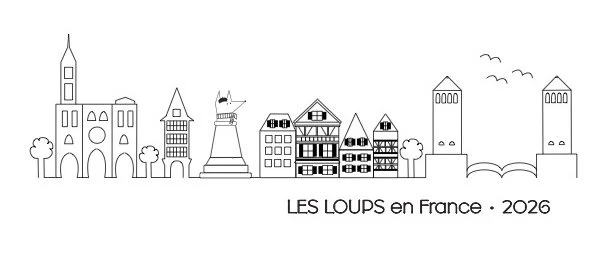 A line drawing of the Strasbourg skyline and the SRFACS Chess Team wolf chess piece with the words Les Loups en France 2026