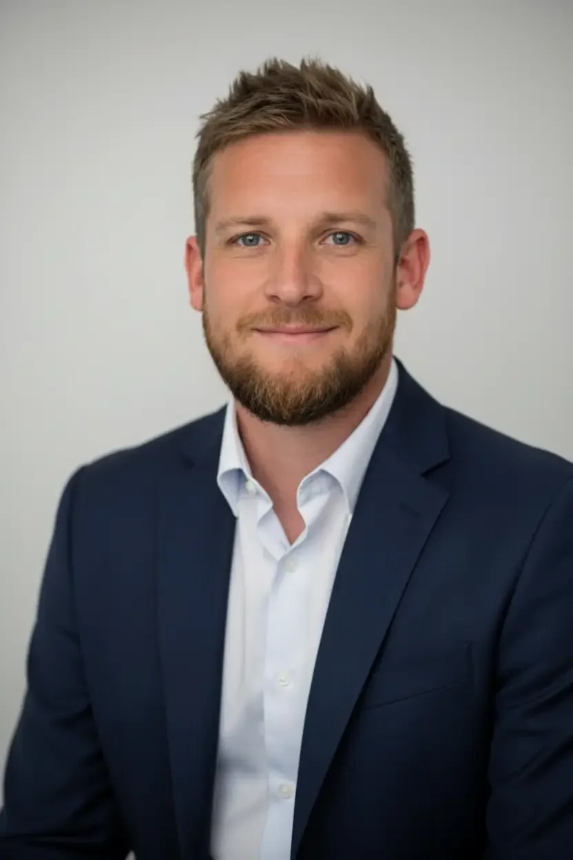 Headshot of a man with short, light brown hair and a beard, wearing a navy suit and white shirt, smiling against a plain light gray background.