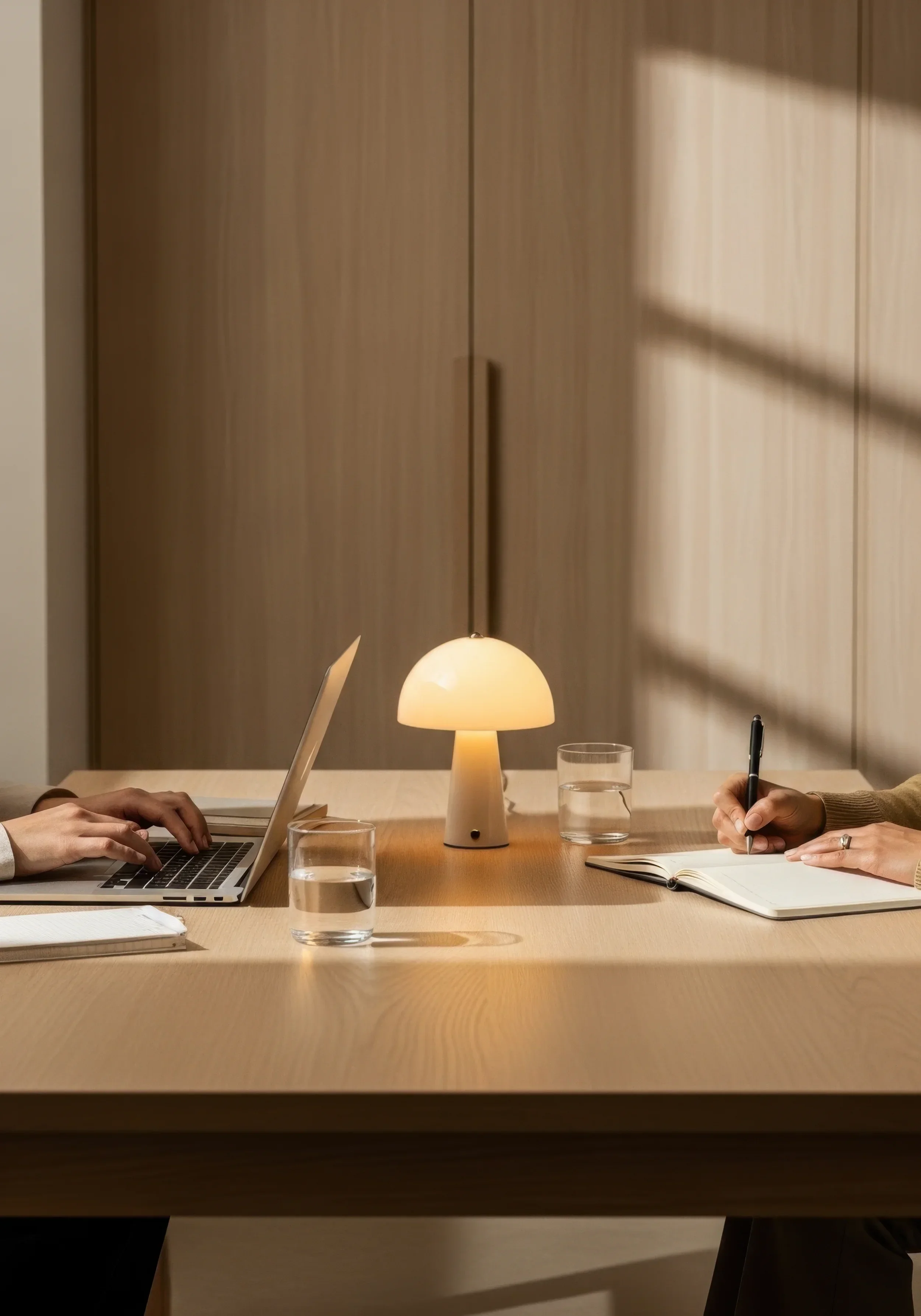 Two people working across a wooden table with glasses of water, a small lamp, a laptop, and an open notebook.