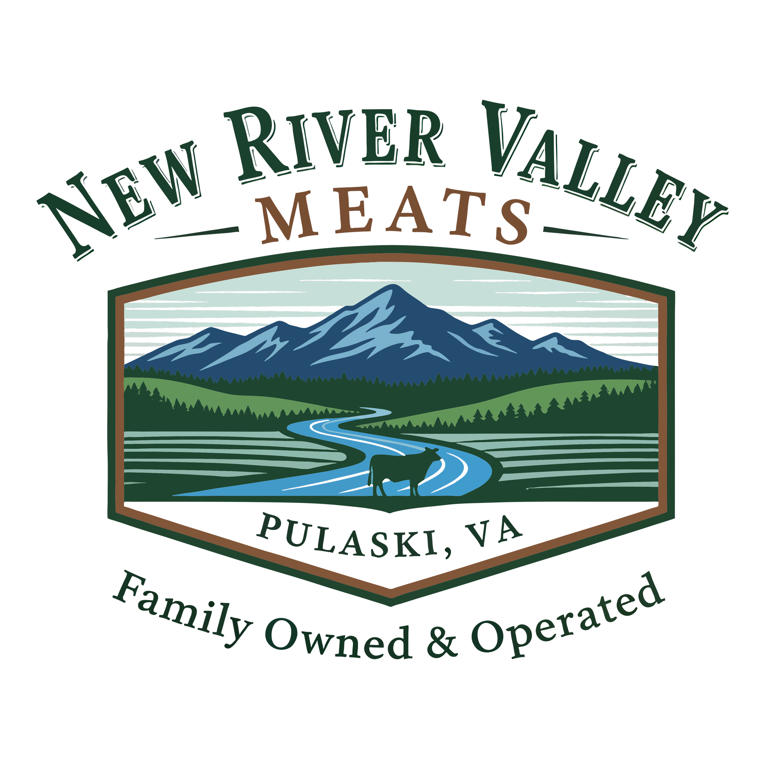 Mountains with river flowing through forested landscape, featuring a badge with text highlighting New River Valley, Pulaski, VA.